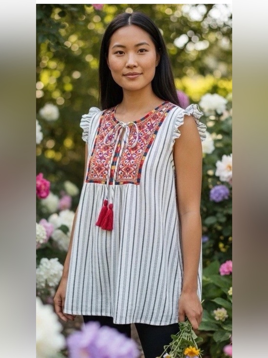 Savanna Jane Tops - Savanna Jane Tunic Top Large Striped Floral Embroidery Sleeveless Excellent